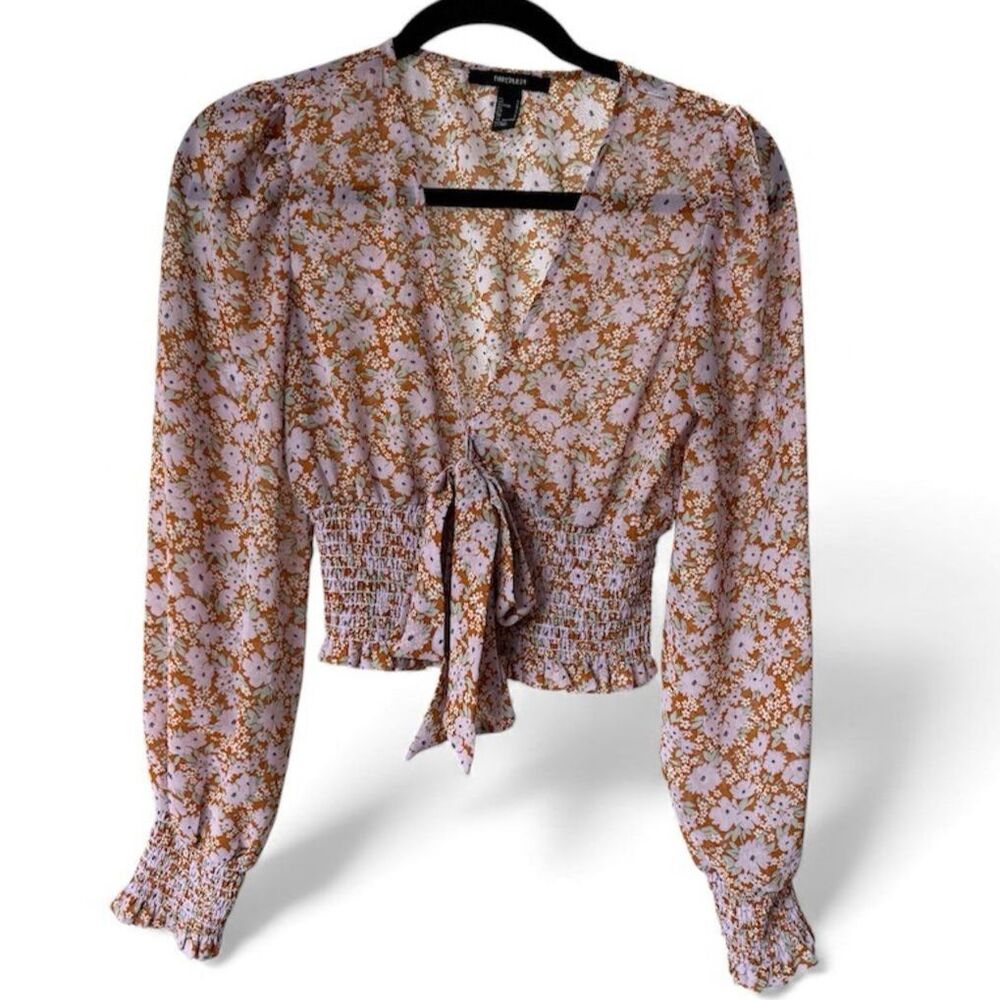 Forever 21 Floral Tie Front Blouse Womens Small Purple Brown Smocked Crop Top